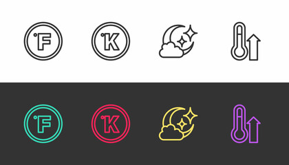 Set line Fahrenheit, Kelvin, Cloud with moon and Meteorology thermometer on black and white. Vector