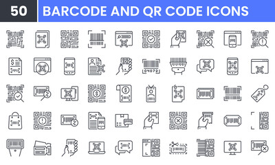 Barcode and QR Code vector line icon set. Contains linear outline icons like Scan, Check, Label, Qr, Ticket, Identification, Reader, Bar. Editable use and stroke for web.