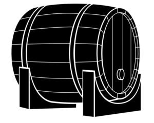 Wooden barrel lying on a stand - vector silhouette element for a logo or pictogram. Barrel lying on its side for sign or icon