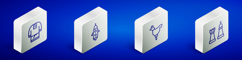 Set Isometric line Kosovorotka, Rocket ship, Cockerel lollipop and Chess icon. Vector