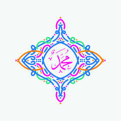 Muhammad arabic calligraphy. Mawlid al-nabawi al-shareef greeting card template with frame or ornament