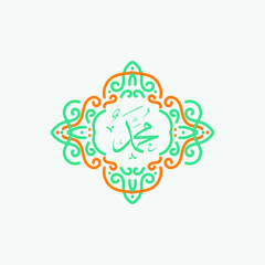 Muhammad arabic calligraphy. Mawlid al-nabawi al-shareef greeting card template with frame or ornament