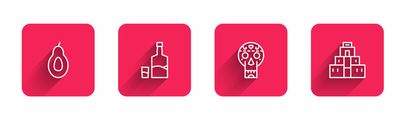 Set line Avocado, Tequila bottle and glass, Mexican skull and Chichen Itza in Mayan with long shadow. Red square button. Vector