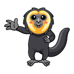 Cute little saki monkey cartoon waving hand