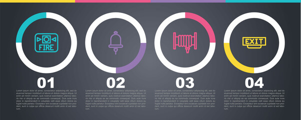 Set line Fire alarm system, Ringing bell, hose reel and exit. Business infographic template. Vector