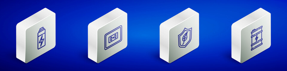 Set Isometric line Battery, Electrical outlet, Shield with leaf and Bio fuel barrel icon. Vector