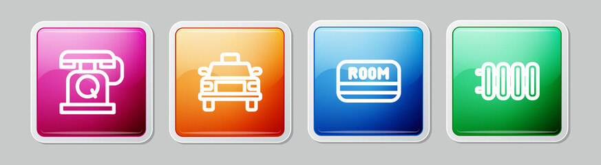 Set line Telephone handset, Taxi car, Hotel key card and Heating radiator. Colorful square button. Vector