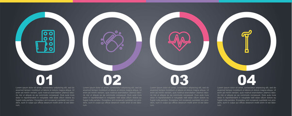 Set line Pills in blister pack, Medicine pill or tablet, Heart rate and Walking stick cane. Business infographic template. Vector