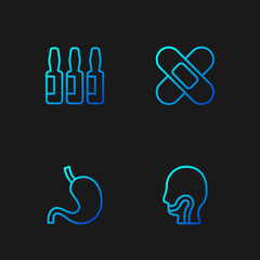 Set line Sore throat, Human stomach, Medical vial, ampoule and Crossed bandage plaster. Gradient color icons. Vector