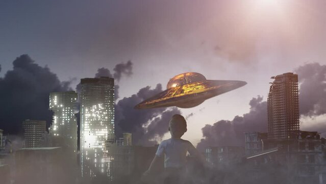 attack of flying alien ufo saucers on the city 3d render 