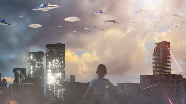 attack of flying alien ufo saucers on the city 3d render 
