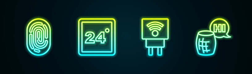 Set line Fingerprint, Thermostat, Smart electric plug and Voice assistant. Glowing neon icon. Vector