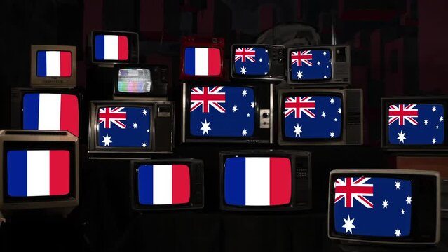 Flags of France and Australia on Retro Televisions. 4K Resolution.