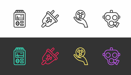 Set line Dosimeter, Radiation electrical plug, Radioactive and Gas mask on black and white. Vector