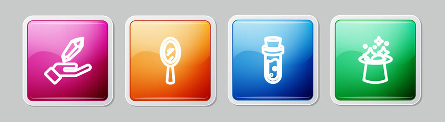 Set line Magic stone, hand mirror, Bottle with potion and hat. Colorful square button. Vector - obrazy, fototapety, plakaty