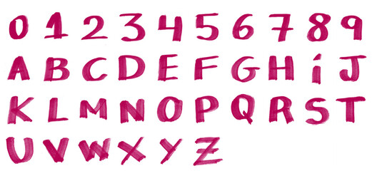 Handmade lettering alphabet, ABC, handwritten with marker, red pen texture. Design layout, font, type, typography, character, letter, brush, white background. 