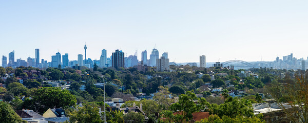 Panorama view of Sydney CBD and Sydney Harbour. Distant view of High-rise office towers and high-rise apartment buildings. Suburban Sydney Suburbs in the foreground NSW Australia  