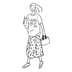 カフェの風景の線画　女性　コーヒー