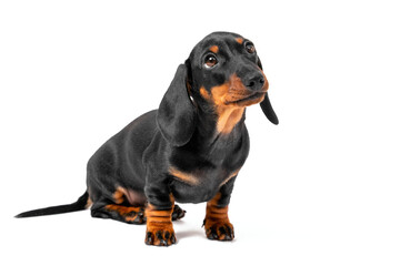 Adorable dachshund puppy sits and begs isolated in white background. Mischievous pet behaved badly and is now waiting for punishment with a guilty look, front view - obrazy, fototapety, plakaty