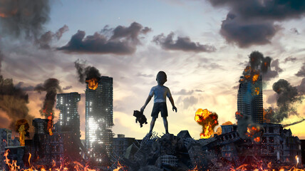 a boy child among the ruins of a city destroyed by war as a symbol of the victims of war 3d render  - obrazy, fototapety, plakaty