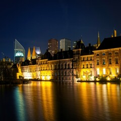 Fototapeta na wymiar Night Photograph of the Dutch Parliament in The Hague, Netherlands