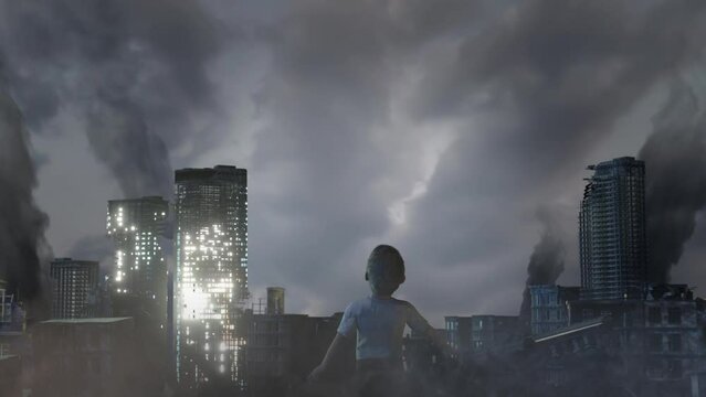 a boy child among the ruins of a city destroyed by war as a symbol of the victims of war 3d render 