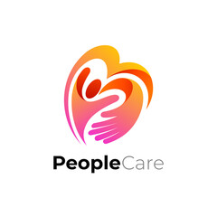 Social care logo with love design, people and hand icon template