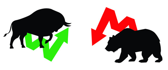 Bull or bullish run; Bear or bearish market trend in crypto currency or stocks. Trade exchange, green up or red down arrows graph. Stock market price chart. Neon circle frame. Vector Illustration