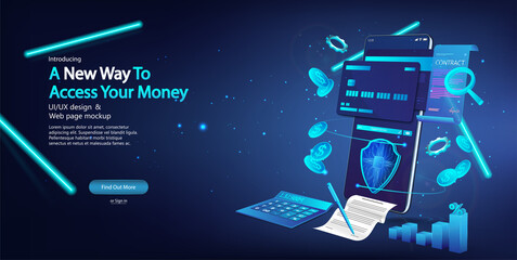 Management Online Banking from a mobile phone. Payment credit or debit card, nfc, e pay, Installment loan through an online banking app on a smartphone. High level of personal data. 3D Banking. Vector