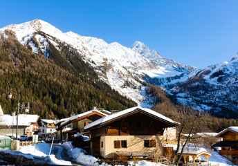 Picturesque winter view of French Alps ridge in ski and mountaineering village of Argentiere in...
