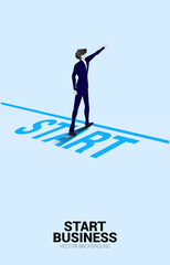 Silhouette of businessman point finger ahead from start line. business concept of ready to start career and business.