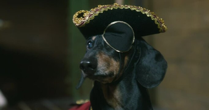 Portrait of cute dachshund dog in tricorn Victorian era hat wearing eye patch and with rapier, who turns head from side to side, looking for someone. Costume for Halloween party