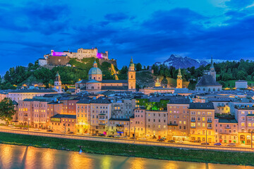 Fototapeta na wymiar Salzburg Austria, night city skyline of Salzburg city and Fortress Hohensalzburg