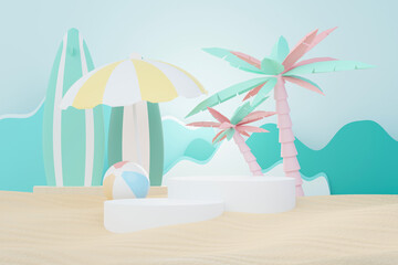 3d render Summer sale podium stand for showing product. Beach Vacations Scene in Summer for mock up.