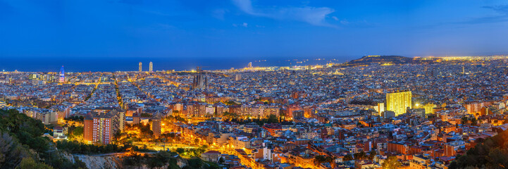 Barcelona Spain, high angle view night panorama city skyline view from Bunkers del Carmel