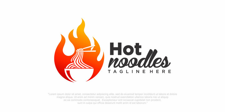 spicy ramen noodle icon set logo design illustration with bowl and hot fire.