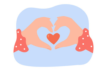 Hands making heart gesture flat vector illustration. Woman making love sign, expressing positive emotions. Romance, expression concept for banner, website design or landing web page