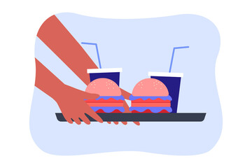 Tray with burgers and drinks in hands flat vector illustration. Person buying fast food and carbonated drinks. Junk food, unhealthy lifestyle concept for banner, website design or landing web page