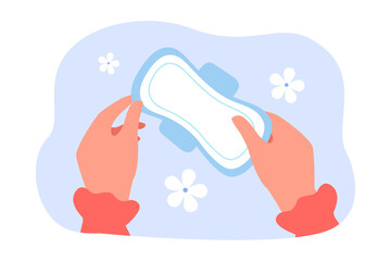 Clean sanitary pad in female hands flat vector illustration. Feminine menstrual pad. Hygiene, menstrual period, menstruation, protection concept for banner, website design or landing web page - obrazy, fototapety, plakaty
