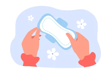 Foto op Canvas Clean sanitary pad in female hands flat vector illustration. Feminine menstrual pad. Hygiene, menstrual period, menstruation, protection concept for banner, website design or landing web page © Bro Vector