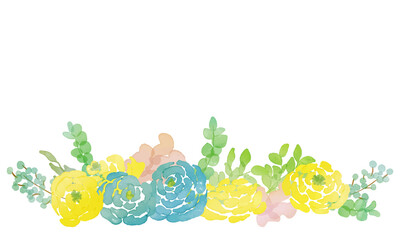 水彩画。水彩タッチの草木と花フレーム。植物装飾フレーム。水彩で描いた薔薇と草木。Watercolor painting. Plant and flower frame with watercolor touch. Plant decoration frame. Roses and plants and trees painted with watercolor.