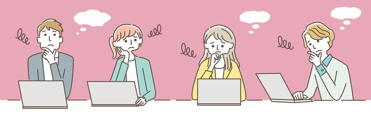 パソコンの前で悩む男女セット