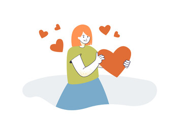 Young woman holding red heart in hands. Girl with happy smile giving love and care flat vector illustration. Charity, mental health, gift concept for banner, website design or landing web page
