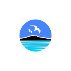 Mountain bird peak hill and lake, sea, beach, sunset island logo design illustration