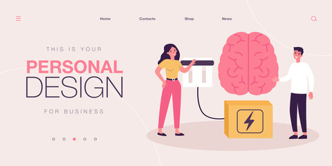 Fototapeta Tiny people pushing brain power switch with hand. Bright shine of brain full of genius ideas flat vector illustration. Innovation, motivation concept for banner, website design or landing web page obraz