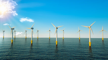 Offshore windmill farm in ocean landscape with beautiful bright blue sky. Renewable energy or green energy concept. Wind turbine for electricity generator. Alternative sustainable energy concept. - obrazy, fototapety, plakaty