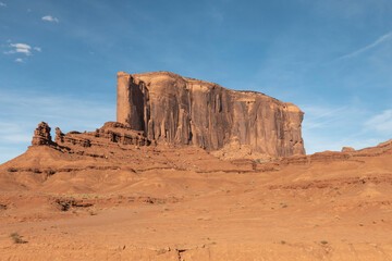 scenic view to monument valley with camel butte and blue sky