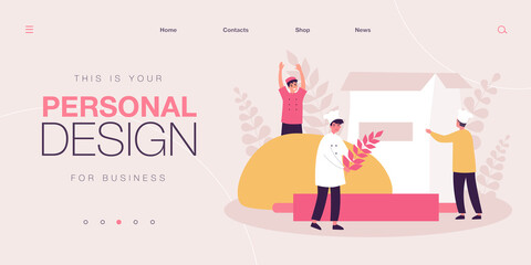 Tiny bakers making bread dough from wheat flour. People in chef uniform working with rolling pin and grain flat vector illustration. Bakery concept for banner, website design or landing web page