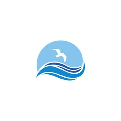 Mountain bird peak hill and lake, sea, beach, sunset island logo design illustration