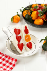 Japanese Fruits Sandwich Furutsu Sando on Wooden Background, Messy Styling